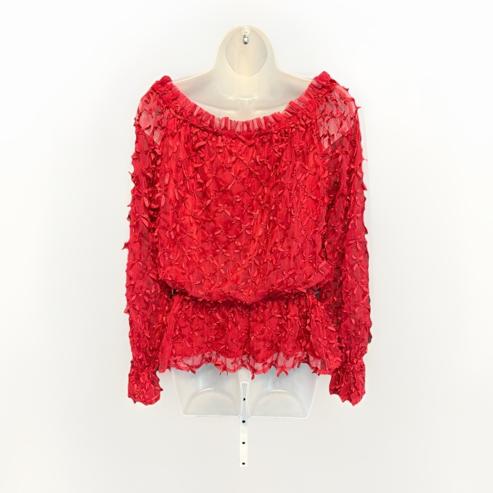 Vintage Debbie Shuchat Medium Blouse Red Textured Long Sleeve Elastic Waist NWT - Picture 4 of 9